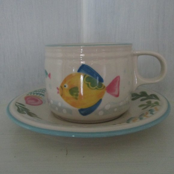 Set of 4 Barrier Reef Cup & Saucers by Studio Nova Fish Seashells - Picture 1 of 10